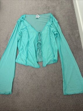 Princess Polly Aqua Tie-Front Mesh Long Sleeve Top